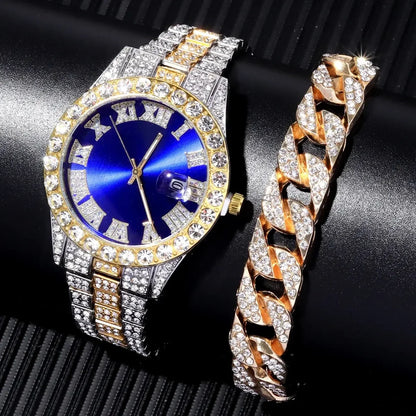 2PCs Fashion Luxury Full Diamond Steel Band Calendar Roman Scale Men's Steel Band Quartz Watch with Diamond Chain Bracelet Set